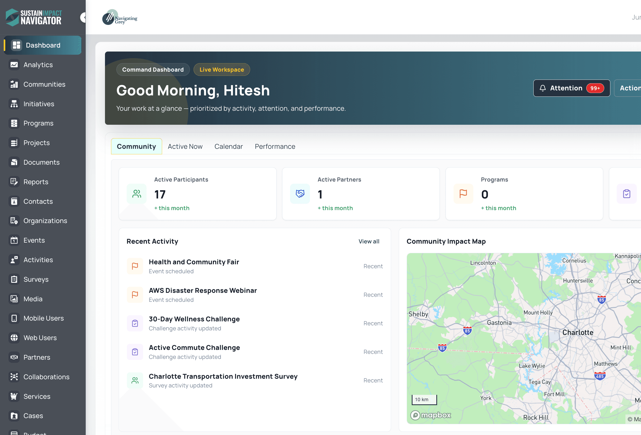 SustainImpact Navigator command dashboard with live KPIs, a recent activity feed, and the Community Impact Map