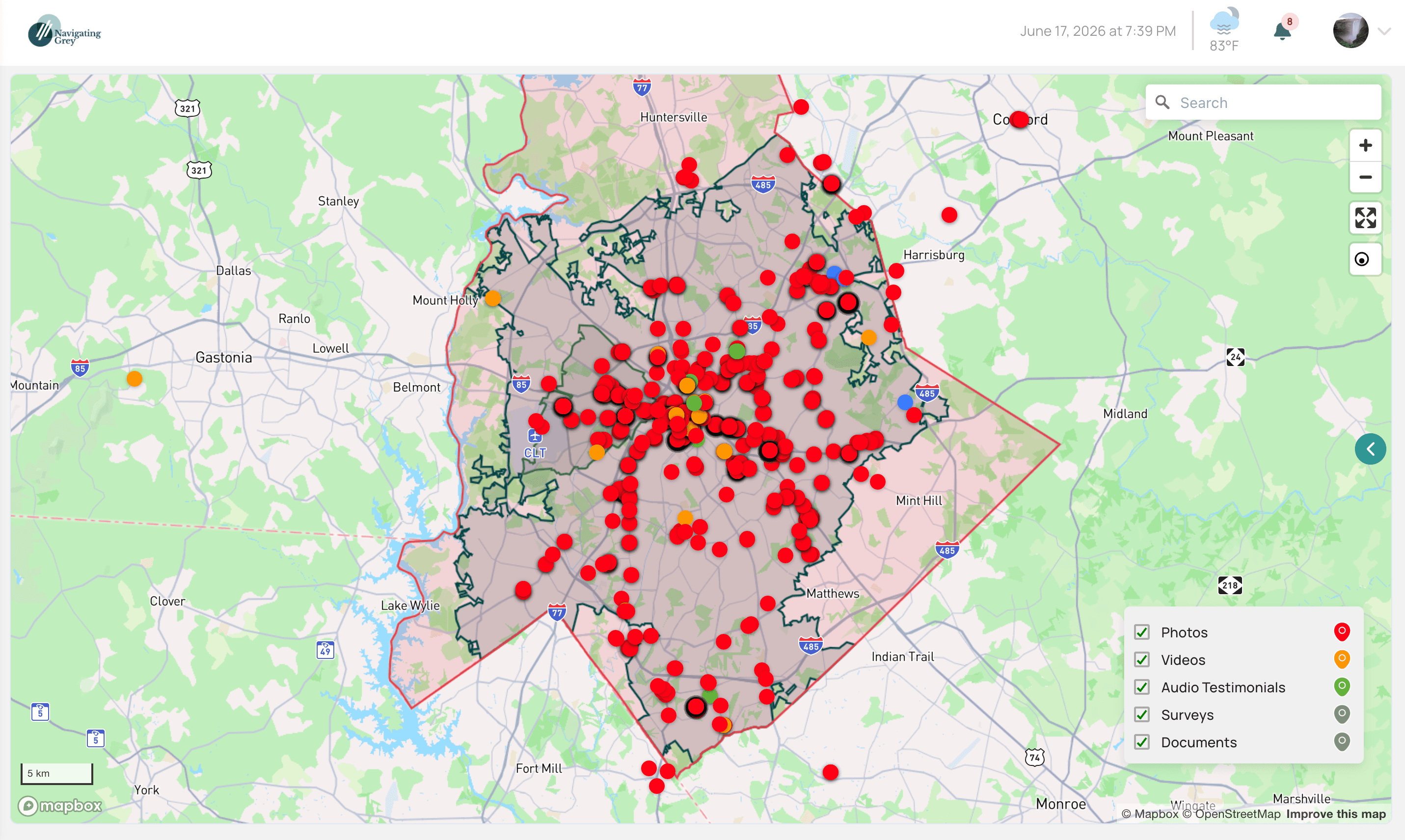 SustainImpact Navigator Impact Map showing ZIP-code boundaries, opportunity zones, and hundreds of geotagged evidence markers across a metro area