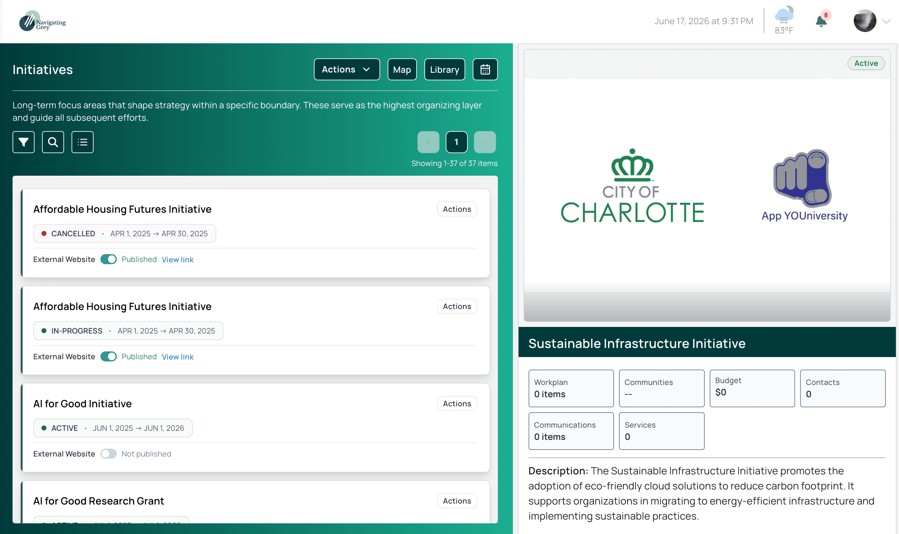 Initiative management in SustainImpact Navigator — long-term focus areas with status, date ranges, and linked workplans