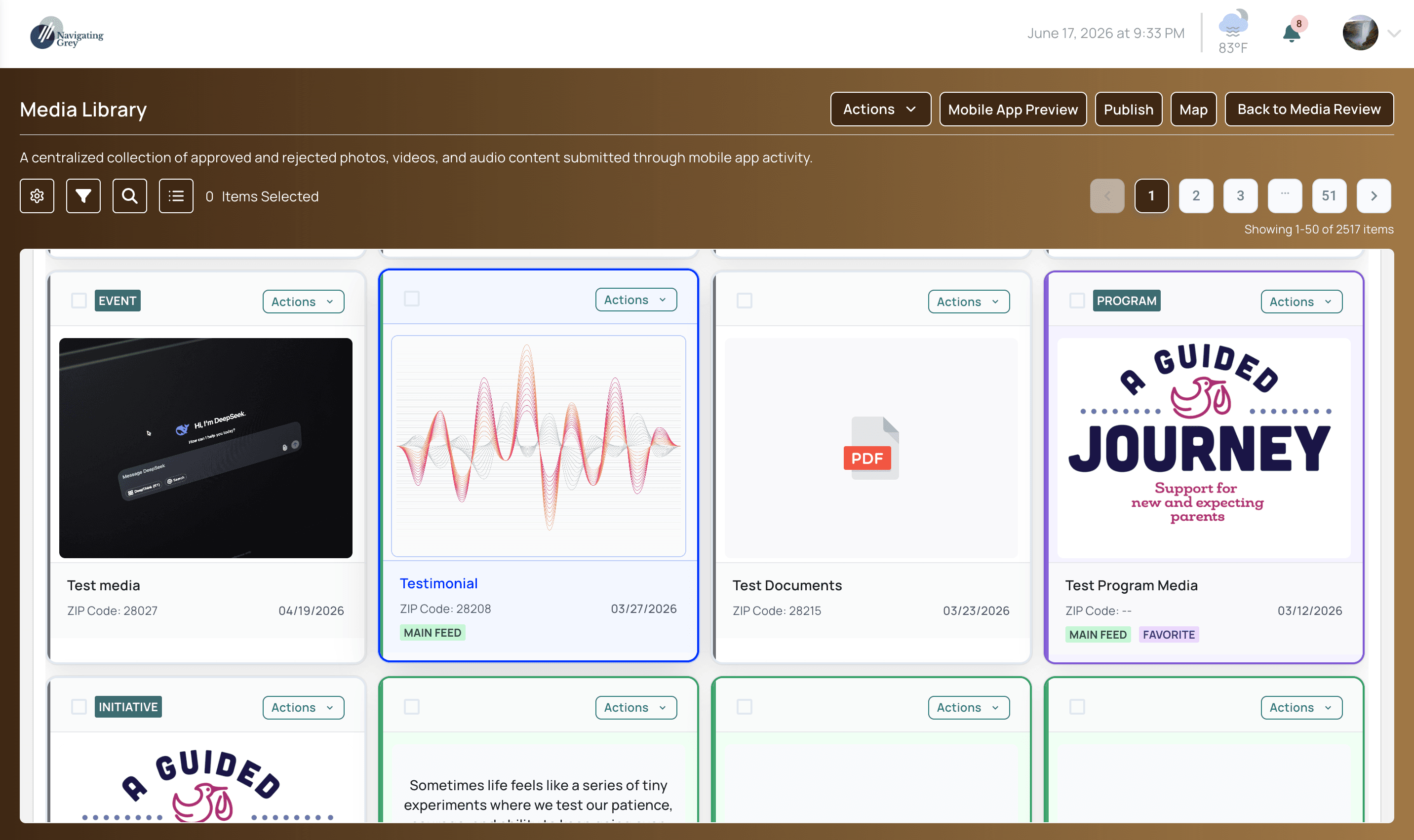 Media pending review in SustainImpact Navigator — geotagged photos, video, and audio submitted from the field with ZIP codes and capture dates