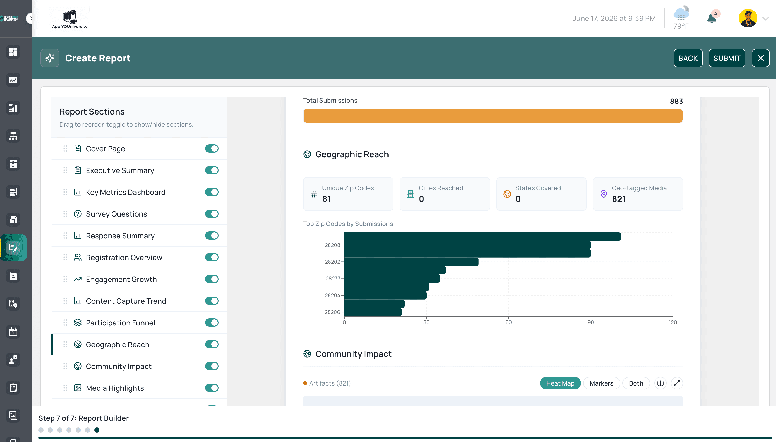 Reports, proposals and plans in SustainImpact Navigator, generated from platform data with linked sections and contacts