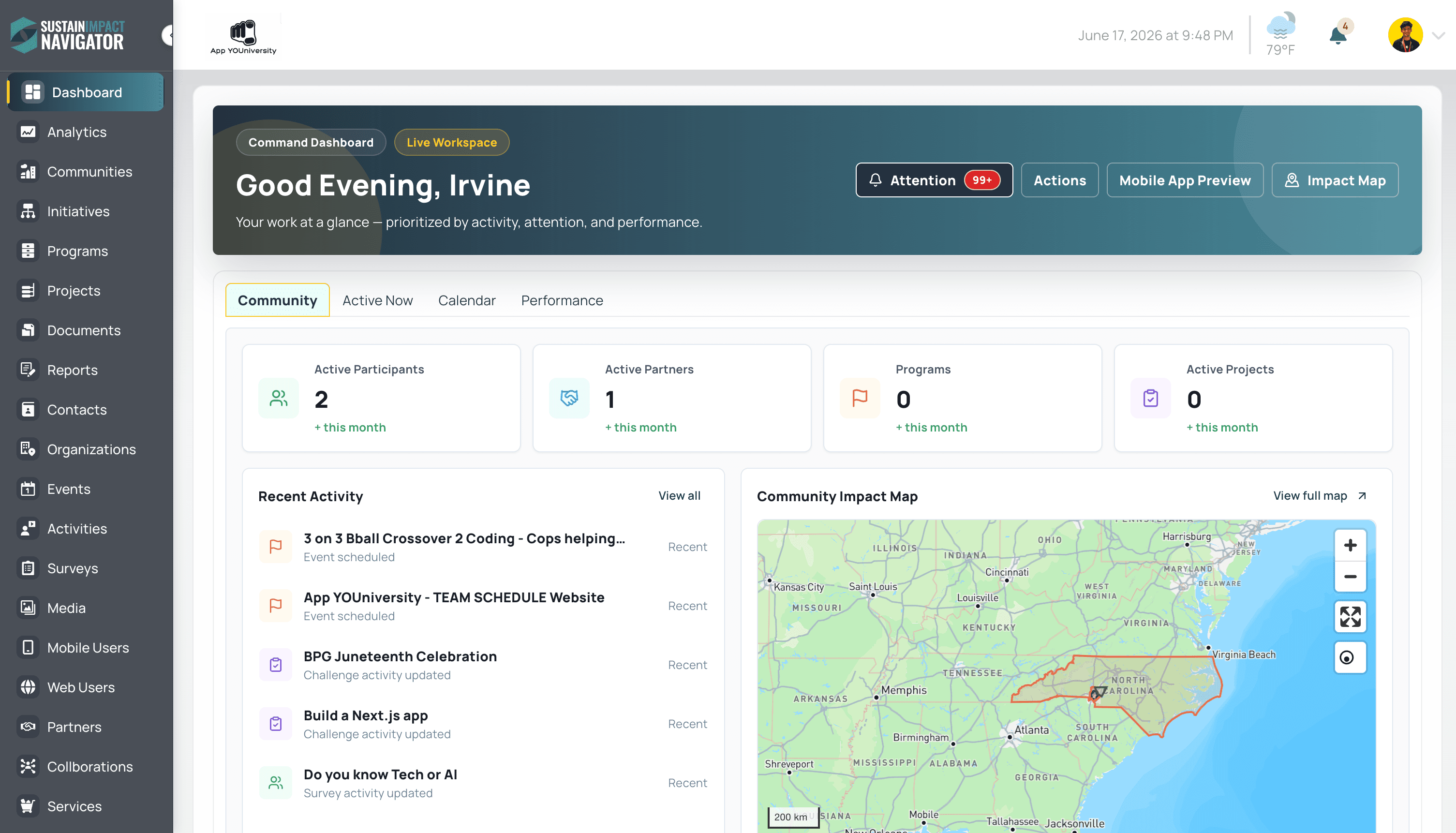 SustainImpact Navigator command dashboard — live KPIs, recent activity, and the Community Impact Map in one workspace